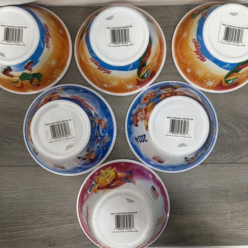 2014 Olympic Collector Cereal Kellogg Bowls 6 Rice Krispies Raisin Bran Corn Fla